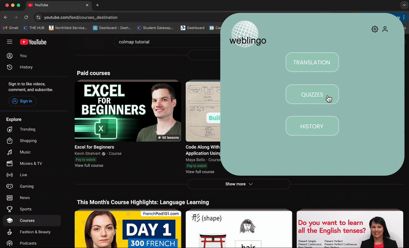 Quizzes page prototype example